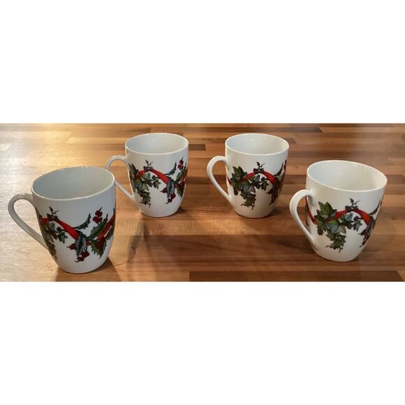 Brylane Home Set of 4 Christmas Jolly Time Mugs Ribbon & Floral Holiday - Picture 7 of 10